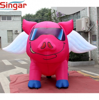 2m(6.5ft) inflatable pink pig with white wings,air blow fly pig
